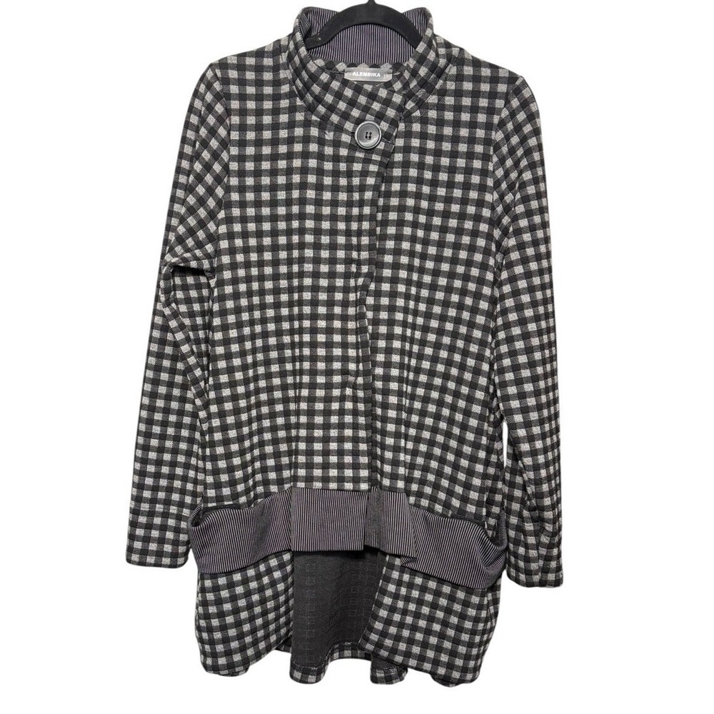 Alembika Check Cardigan Jacket Size 1 (US 8-10) Black Gray Lagenlook Artsy Layer